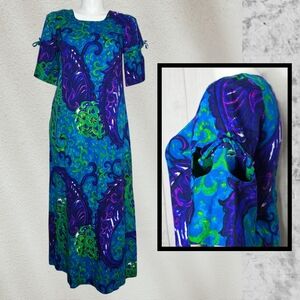 Vintage 60s Liberty House Hawaii Barkcloth Maxi Dress w/ Sleeve Cut Outs, Large